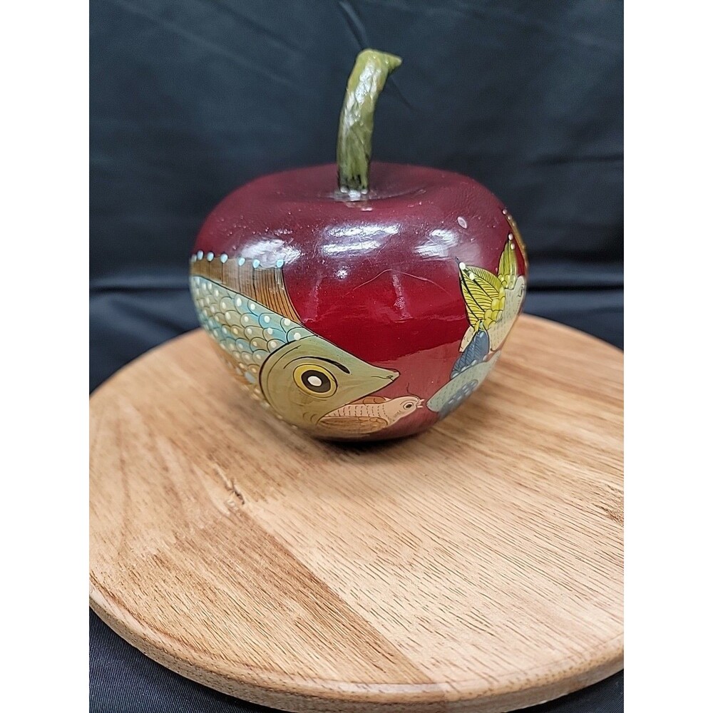 Vintage Tonal Laquered Handpainted Paper Mache Apple W/ Fish And Bird Pattern